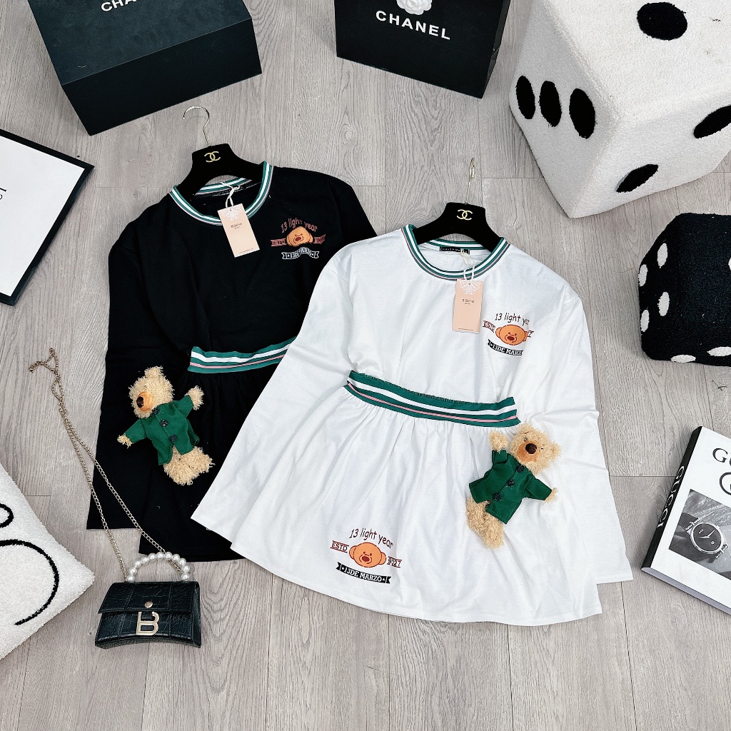 Set áo dài tay mix chân váy phối kẻ kèm gấu siêu hot BN572CCC