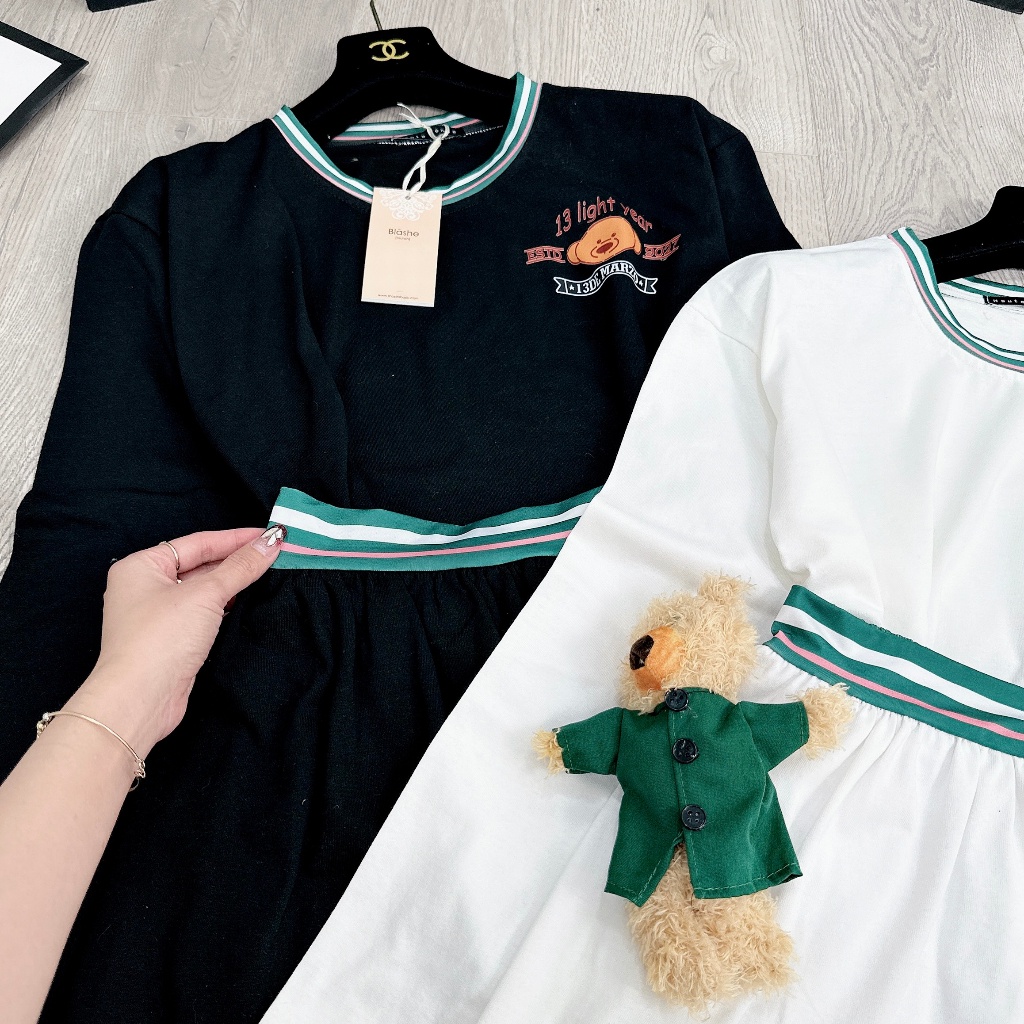 Set áo dài tay mix chân váy phối kẻ kèm gấu siêu hot BN572CCC