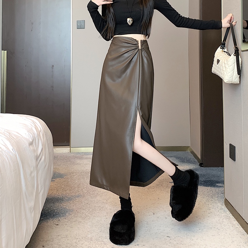 Liasynn Dụng Cụ Đóng Mắt Nằm Đóng ~ Công Cụ Cầm Tay Chân Dài!Chân Váy Da Dáng Chữ a Lưng Cao Xẻ Tà Thời Trang Thu Đông Cho Nữ