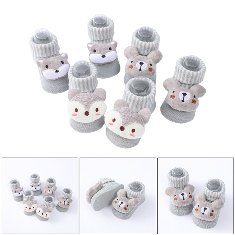 Set 3 Đôi Vớ Dệt Kim Thoáng Khí Chống Trượt In Họa Tiết Hoạt Hình Cho Bé Sơ Sinh