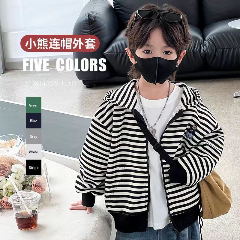 Áo Khoác Có Nón Phối Khóa Kéo Họa Tiết Kẻ Sọc Trắng Đen 80-140cm Phong Cách Hàn Quốc Thời Trang Mùa Thu Cho Bé