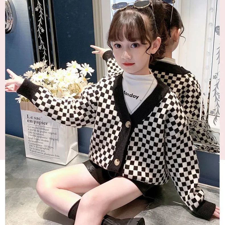 Áo Khoác cardigan Dệt Kim Sọc Ca Rô Đen Trắng Thời Trang Xuân Thu Cá Tính Dành Cho Bé