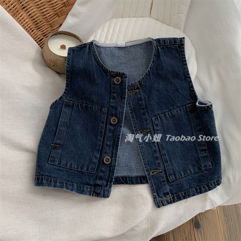 Áo Khoác denim Không Tay Màu Trơn Phong Cách Hàn Quốc Thời Trang Xuân Thu Cho Bé Gái / Bé Trai