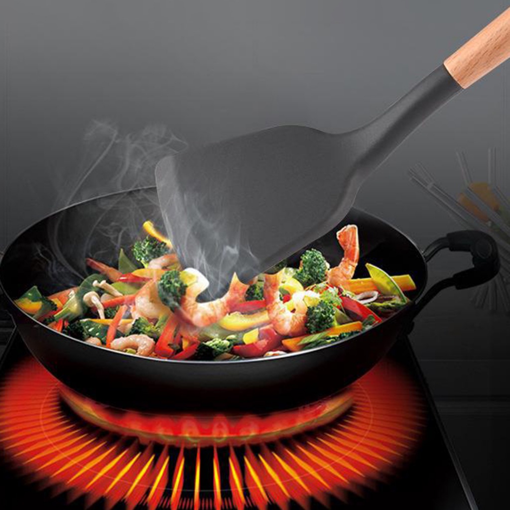 Ccooamaniiii| Xẻng Nấu Ăn Bằng silicone Chịu Nhiệt Không Biến Dạng Chống Trượt Tay Cầm Gỗ Cho Nhà Bếp