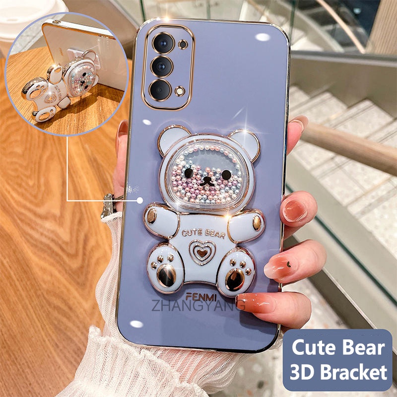 Ốp lưng oppo reno 4 reno 5 reno 4 pro Ốp Điện Thoại tpu Dẻo Mạ Màu 3D In Hình Gấu Nhỏ Đáng Yêu Có Giá Đỡ Cho oppo reno 4 reno 5 reno 4 pro