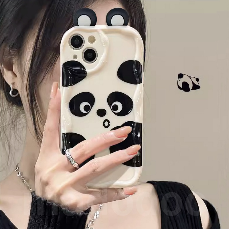 Cute 3D Ear BFF Casing Redmi Note 13 Pro+ 12S 4G 12 Pro Plus 5G 13C 12C A1 A2 11S 11 10C 10 9T 9C 9A POCO X5 Black White simple Cartoon Panda Wavy Cream Edge Full Fine Hole Anti-fall Soft Phone Case NY 54