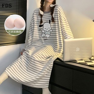 Fds Đồ ngủ cotton Dáng Rộng Tay Dài Kẻ Sọc In Hoạt Hình Kèm Mút Đệm Ngực Thời Trang Hè Thu Phong Cách Hàn Quốc Cho Nữ
