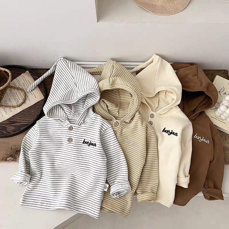 Áo Hoodie Tay Dài Kẻ Sọc Màu Trơn Thêu Chữ Thời Trang Mùa Thu Cho Bé Trai 1-3 Tuổi