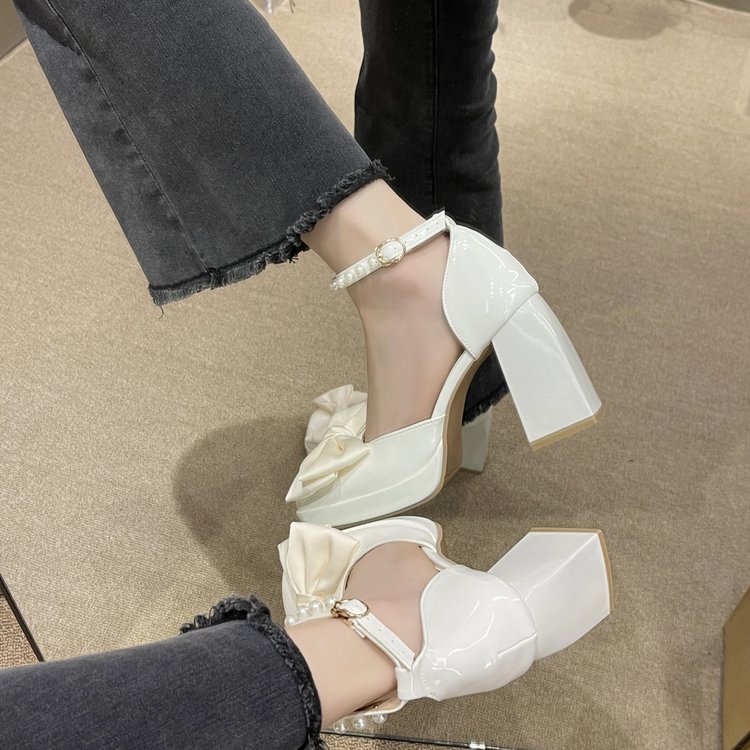 Giày Cao Gót Mũi Vuông Đính Nơ Ngọc Trai Xinh Xắn