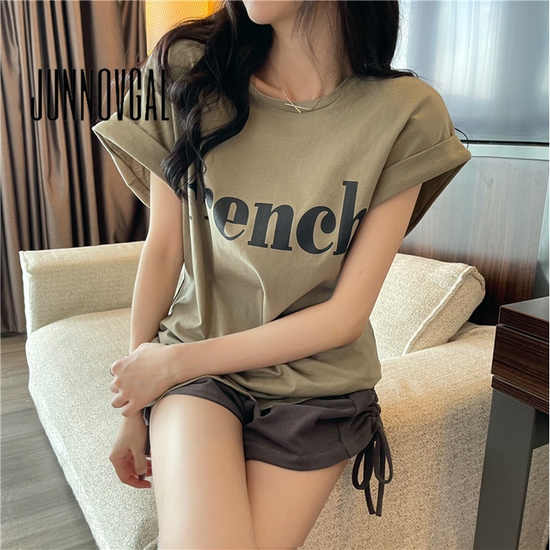 Junnovgal Áo Thun Tay Ngắn Cổ Tròn Màu Trơn Thời Trang 2023 Dành Cho Nữ