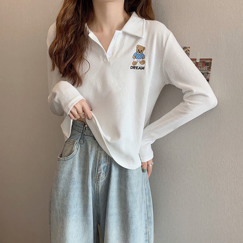Áo Thun polo Tay Dài Thêu Hình Gấu Thời Trang Mùa Thu 2023
