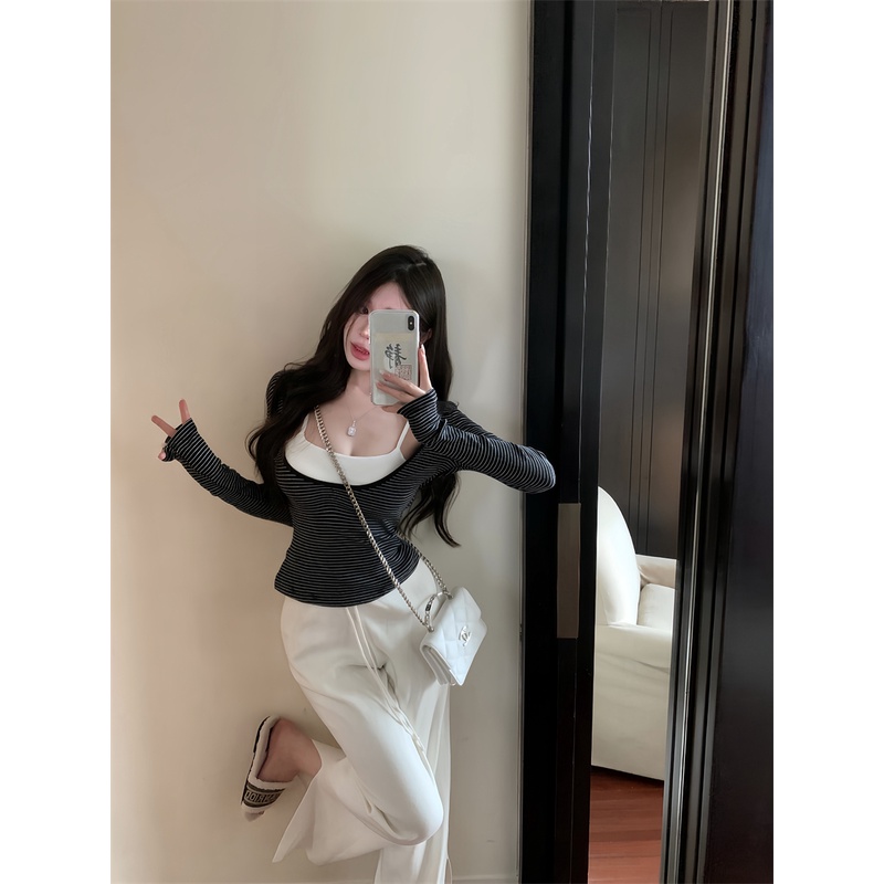 Liasynn set Áo Thun Tay Dài Có Mút Đệm Ngực Và Áo Hai Dây Kẻ Sọc Ngang Ngọt Ngào Thời Trang Thu Đông