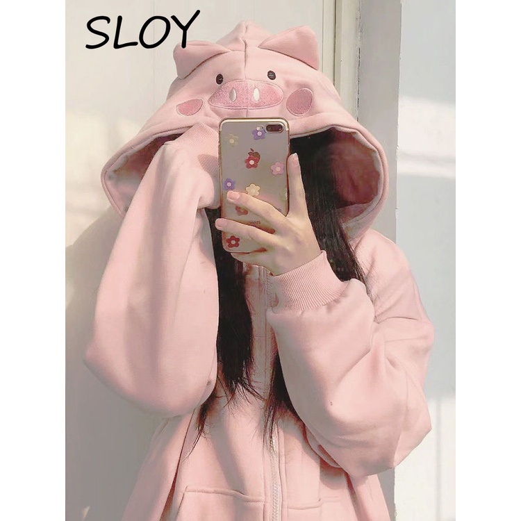 Áo Hoodie Nhung Dày Dặn Dáng Rộng Thêu Hình Chú Heo Dễ Thương Thời Trang Thu Đông Cho Nữ