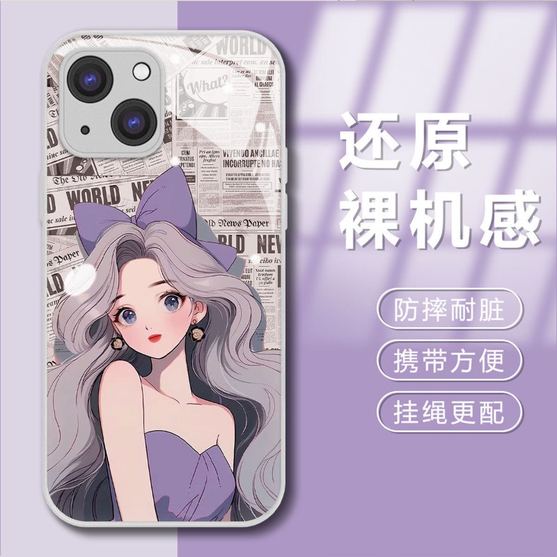 Ốp Điện Thoại Mặt Kính Hình Cô Gái Gắn Nơ Màu Tím / Trắng Cho Iphone 15promax 14 13promax 12 11promax