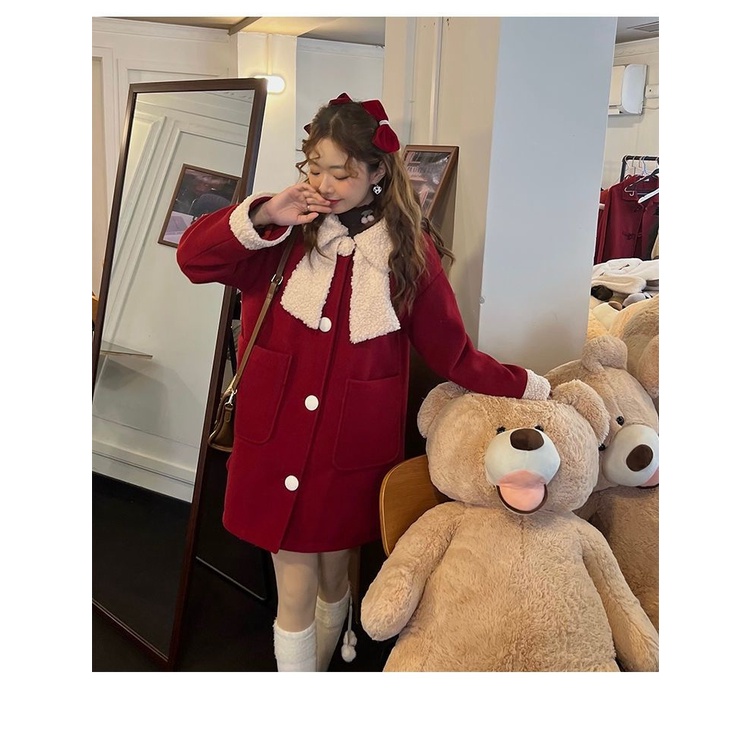 Sugemiusi Áo Khoác Len Lông Cừu Cổ Búp Bê Thắt Nơ Phong Cách Giáng Sinh Năm Mới
