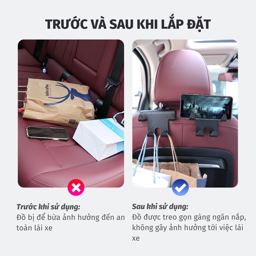 Móc treo đa năng 4 móc kiêm giá đỡ điện thoại vân cacbon cho ô tô, móc treo đồ xe hơi, phụ kiện ô tô