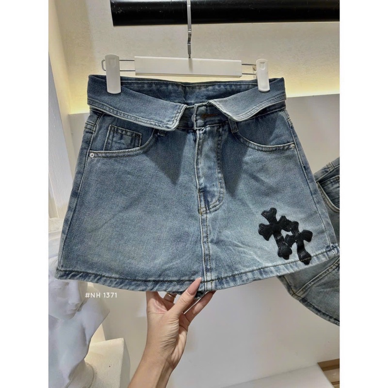 Chân váy jean chữ thập gập lưng