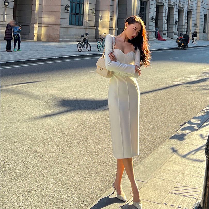 Đầm Dài Cổ Vuông Tay Dài Màu Đen Phong Cách hepburn Pháp Thời Trang Mùa Thu 2023