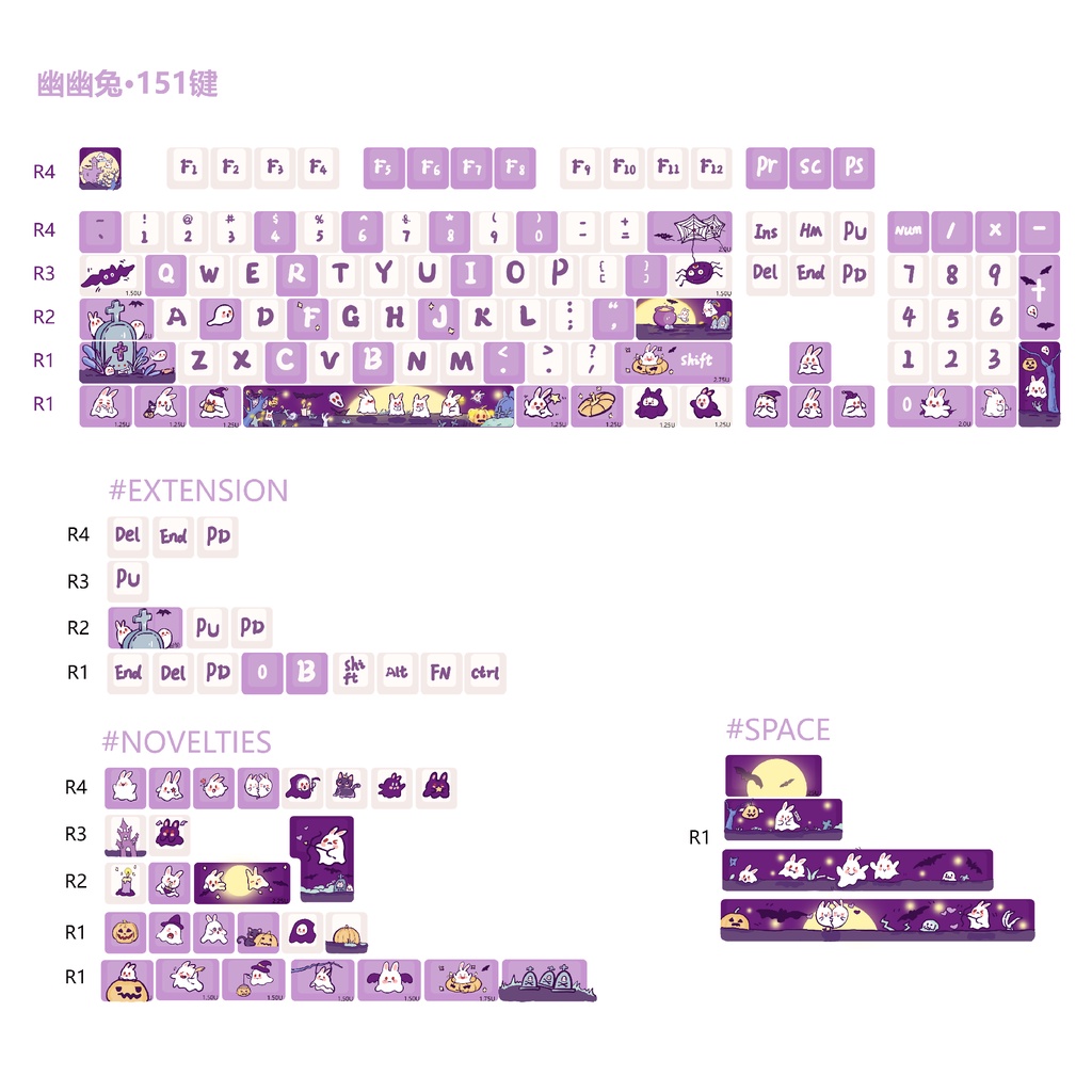 Halloween Bunny Keycaps Cherry/MDA Profile Thỏ Tím Dễ Thương PBT DYE SUB Bàn Phím Cơ Keycap