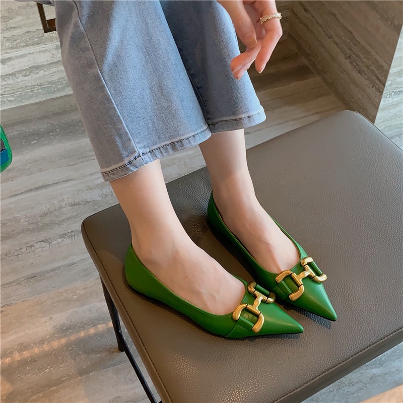 Giày Búp Bê Đế Mềm Mũi Nhọn Phối Khóa Kim Loại Thời Trang Mùa Thu 2023 Cho Nữ