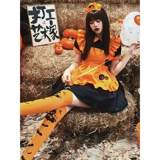 Halloween Costume pumpkin dress cosplay Orange Bat Pattern Maid dress