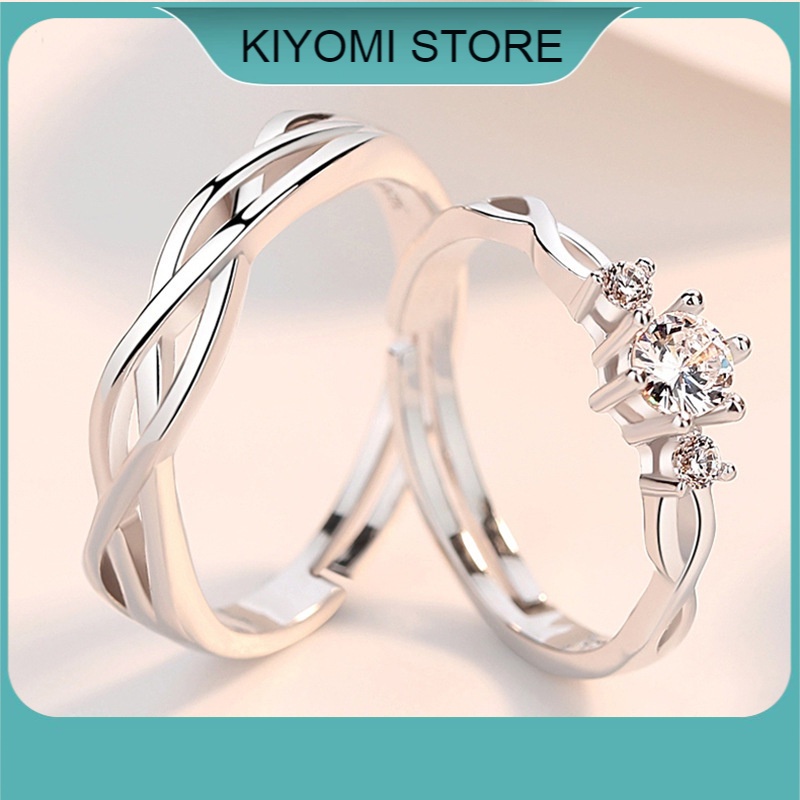 Nhẫn Đính Hôn Bạc Đính Đá Lấp Lánh Dành Cho Cặp Đôi Điều Chỉnh Kích Thước Theo Ngón Tay