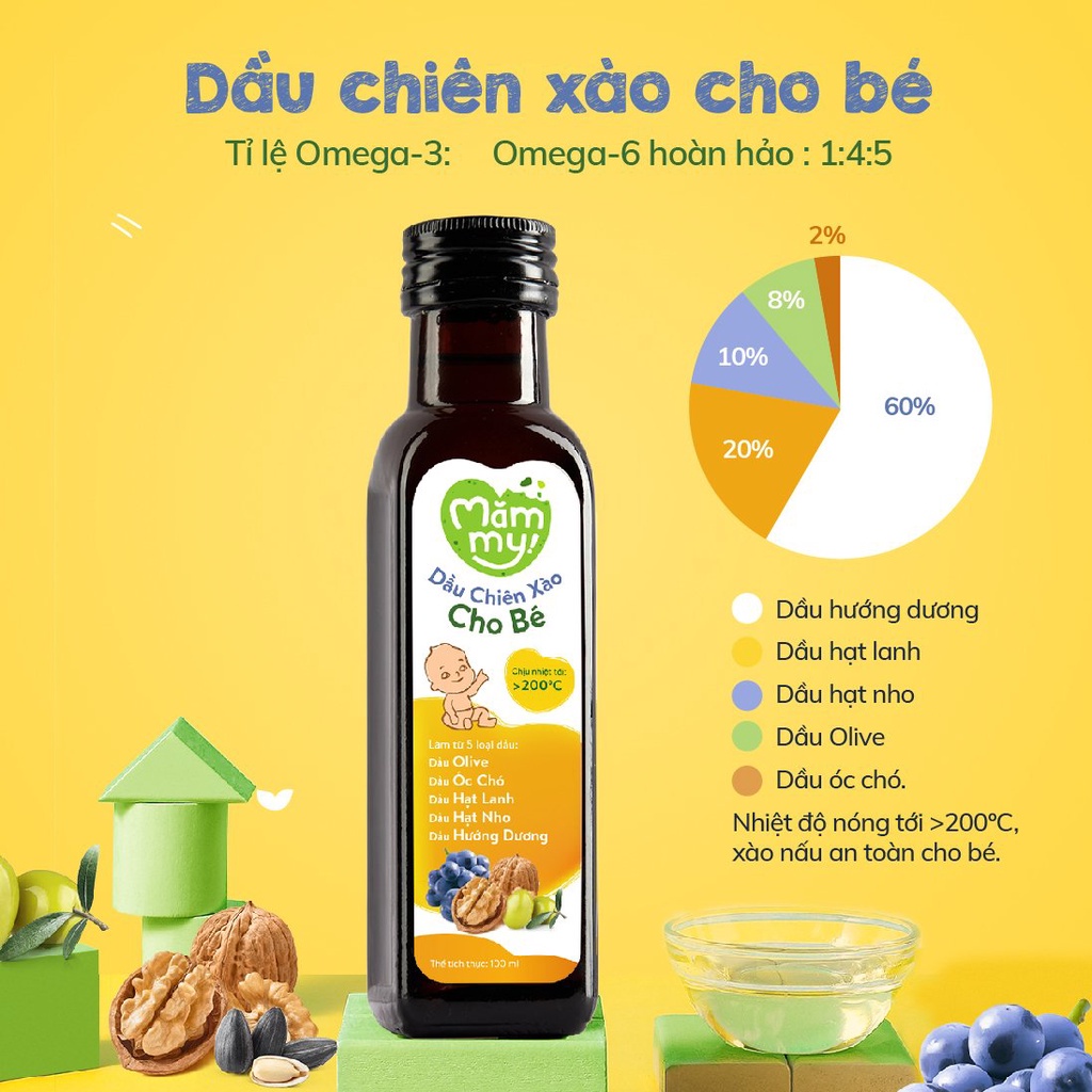 Dầu Chiên Xào Mămmy Cho Bé Chịu Nhiệt Tới 200°C, giữ trọn vẹn dinh dưỡng, bổ sung Omega-3, Vitamin E - Chai 100ml