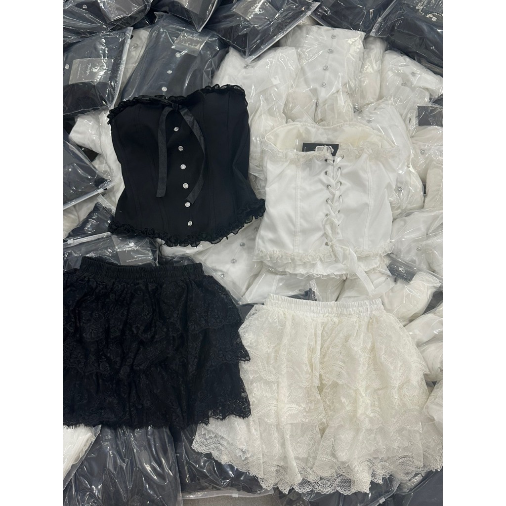 Set cup váy ren full trắng đen hàng Qc KÈM ẢNH THẬT