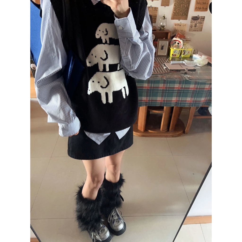 Set Áo Len Không Tay + Áo Sơ Mi Kẻ Sọc Dài Tay + Áo Khoác Ghi Lê Thời Trang Nữ