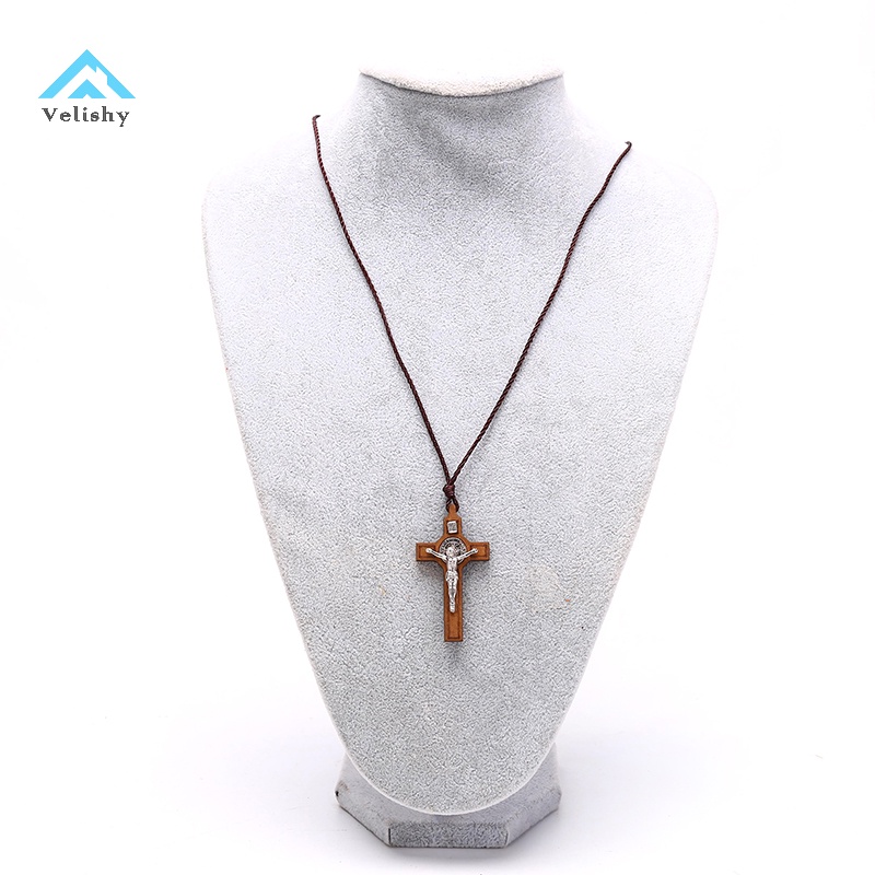 Velish Vòng cổ Mặt Gỗ Hình Thánh Giá Phong Cách retro