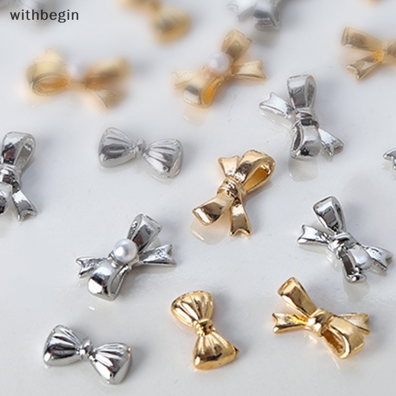 Bộ 10 Phụ Kiện Trang Trí Móng Tay Hình Nơ 3d mini Bằng Kim Loại Đính Đá Và Ngọc Trai Xinh Xắn