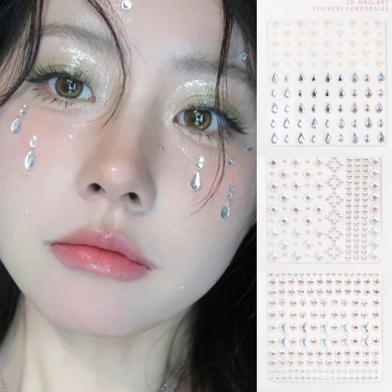 Miếng Dán Trang Trí Mặt / Cơ Thể Hình Xăm Đính Đá / Ngọc Trai Màu Trắng Xinh Xắn