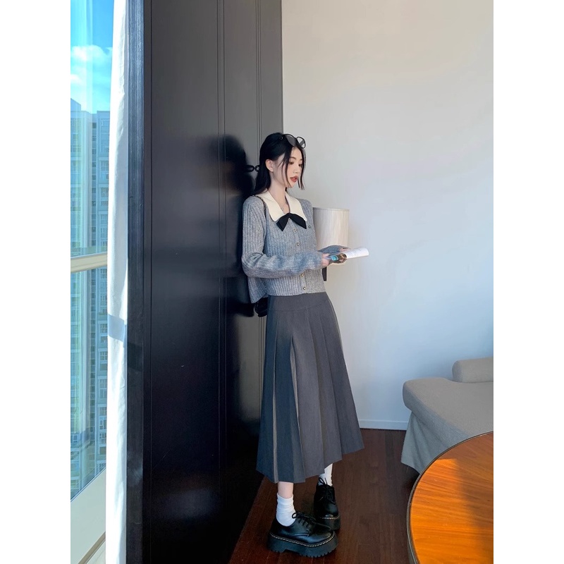 Yeya Áo sweater Dệt Kim Cổ polo Thắt Nơ Xoắn Màu Xám Phong Cách Hàn Quốc Đa Năng Dành Cho Bạn Nữ