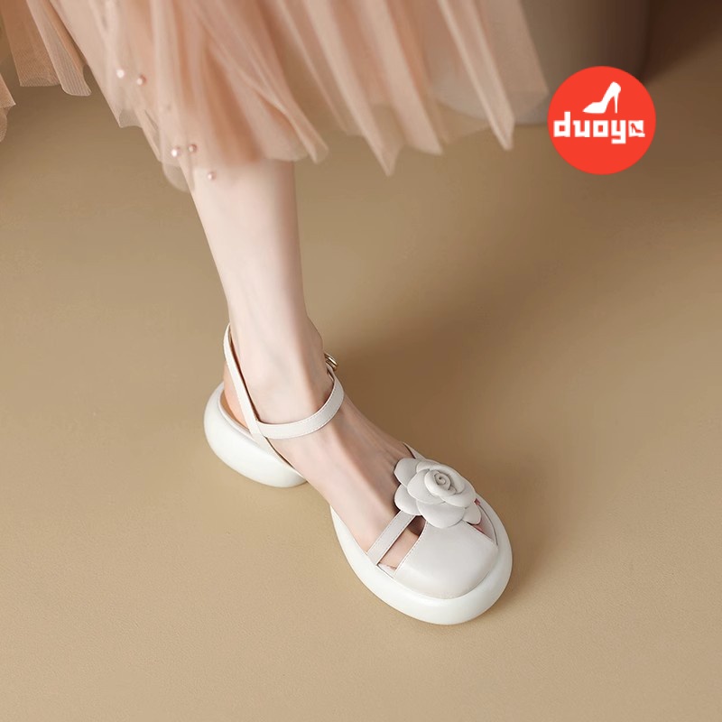 Duoya Tóc Thẳng ~  Giày Sandal Da Mềm Mũi Tròn Đính Hoa Thời Trang Mùa Hè Dày Thoải Mái Cho Nữ Miễn Phí Vận Chuyển
