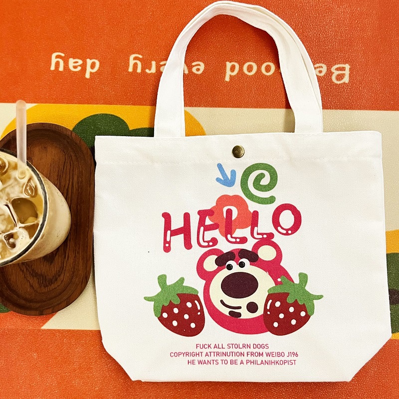 Túi mua sắm MR PUFFER vải canvas mini cầm tay đa năng thân thiện với môi trường họa tiết gấu dâu dễ thương