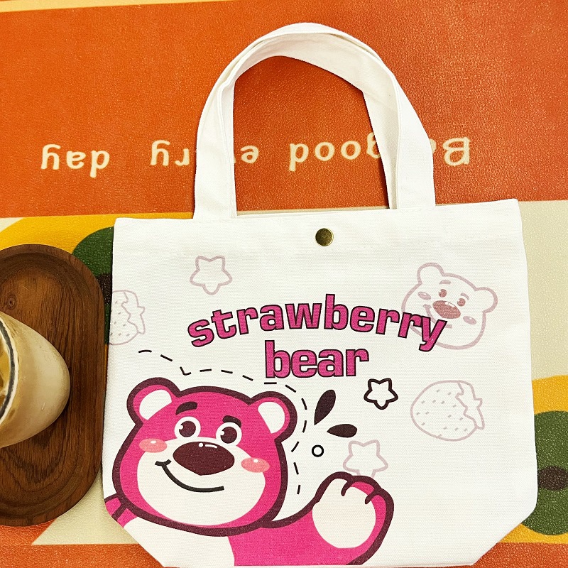 Túi mua sắm MR PUFFER vải canvas mini cầm tay đa năng thân thiện với môi trường họa tiết gấu dâu dễ thương