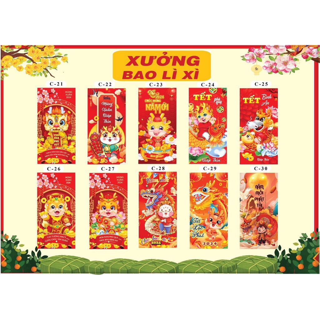 Combo 100 Bao Lì Xì Tết 2024 Mix 10-20 MẪU