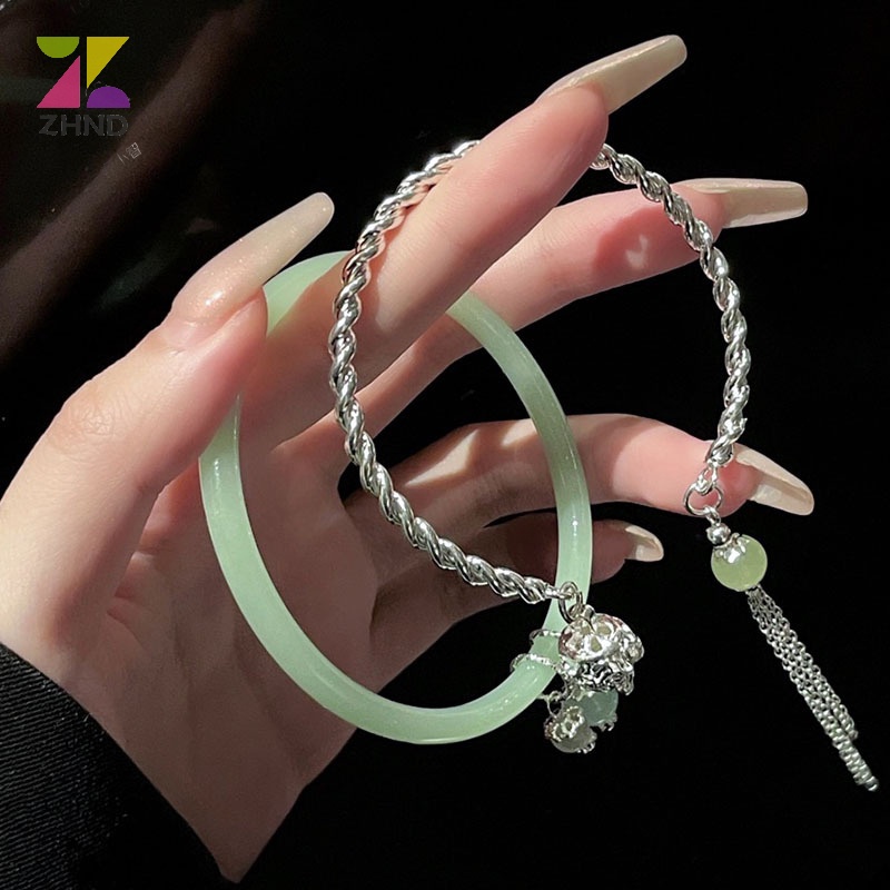 Zhuzhengde Vòng Tay Hở Hai Đầu Màu Xanh Lá Cây Phong Cách vintage Thời Trang Có Thể Điều Chỉnh Kích Thước Dành Cho Nữ