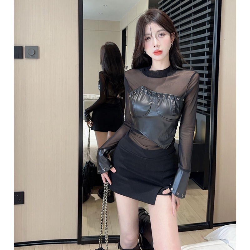Áo Da pu Dài Tay Phối Lỗ Thời Trang Gợi Cảm Cho Nữ