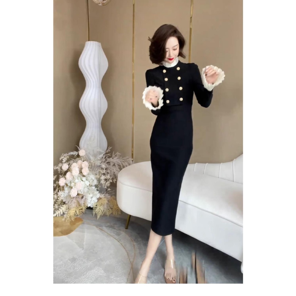 Đầm Thu Đông Màu Đen Cổ Đứng Siêu Đẹp Cao Cấp