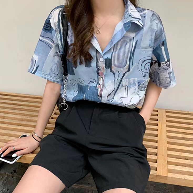 Áo Sơ Mi Tay Ngắn Dáng Rộng In Họa Tiết Dễ Thương Phong Cách Hàn Quốc Thời Trang Cho Nam Và Nữ