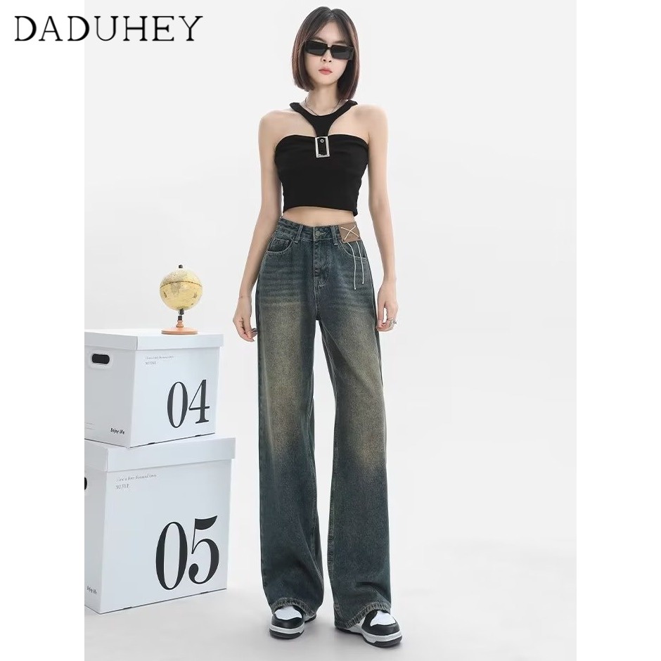 Quần jean DADUHEY lưng cao ống rộng phong cách cổ điển đường phố cao cấp cỡ lớn