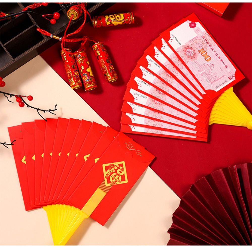 Bao Lì Xì Đỏ Hình Quạt Hoạt Hình Trung Hoa 10 Ngăn