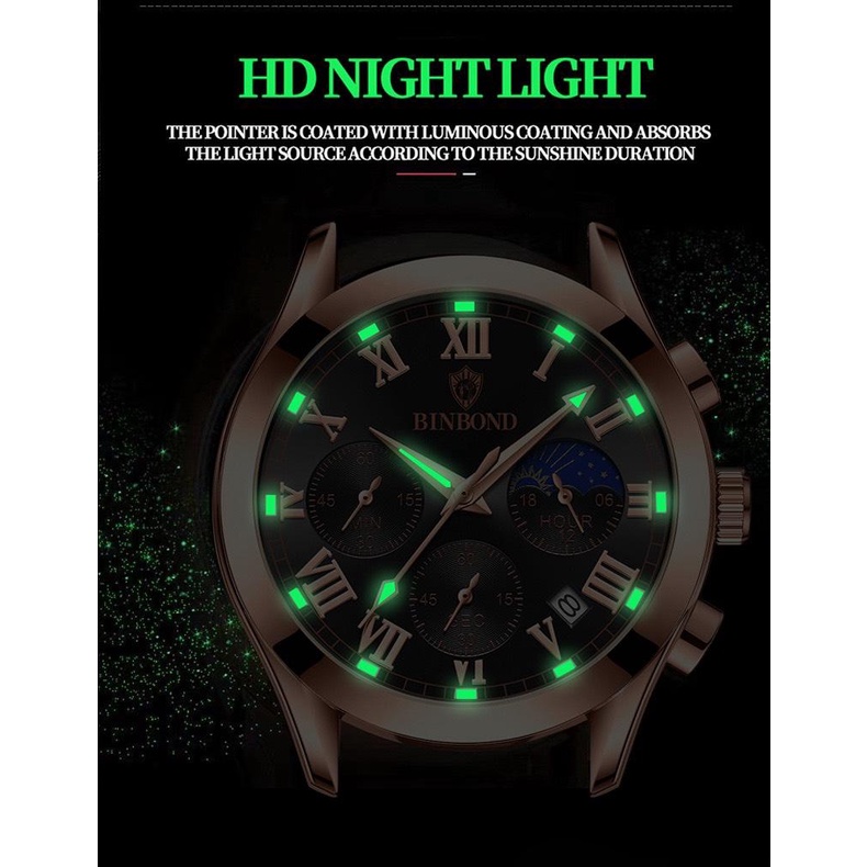 Đồng Hồ Nam Dây Da chạy 6 kim BINBOND I21 Kính Vòm