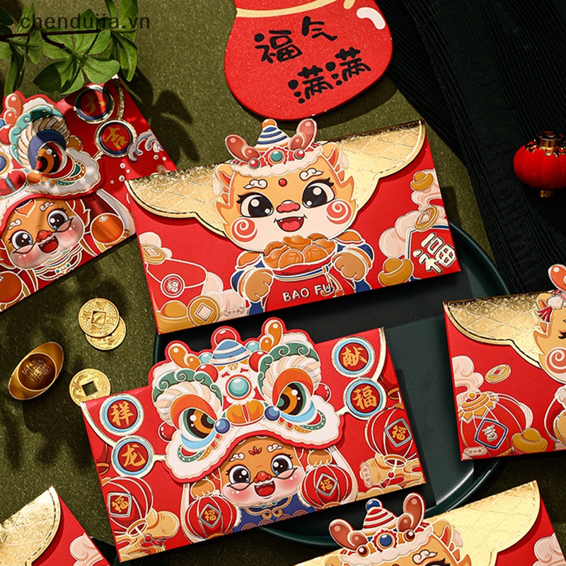 Bộ 4 Bao Lì Xì Hình Rồng Đỏ May Mắn Cho Năm Mới 2024 vn
