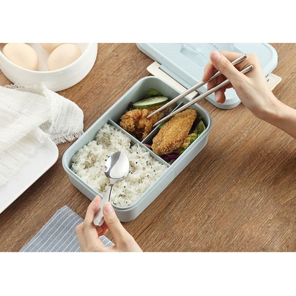 Hộp cơm lúa mạch hình chữ nhật 3 ngăn kèm thìa đũa INOX