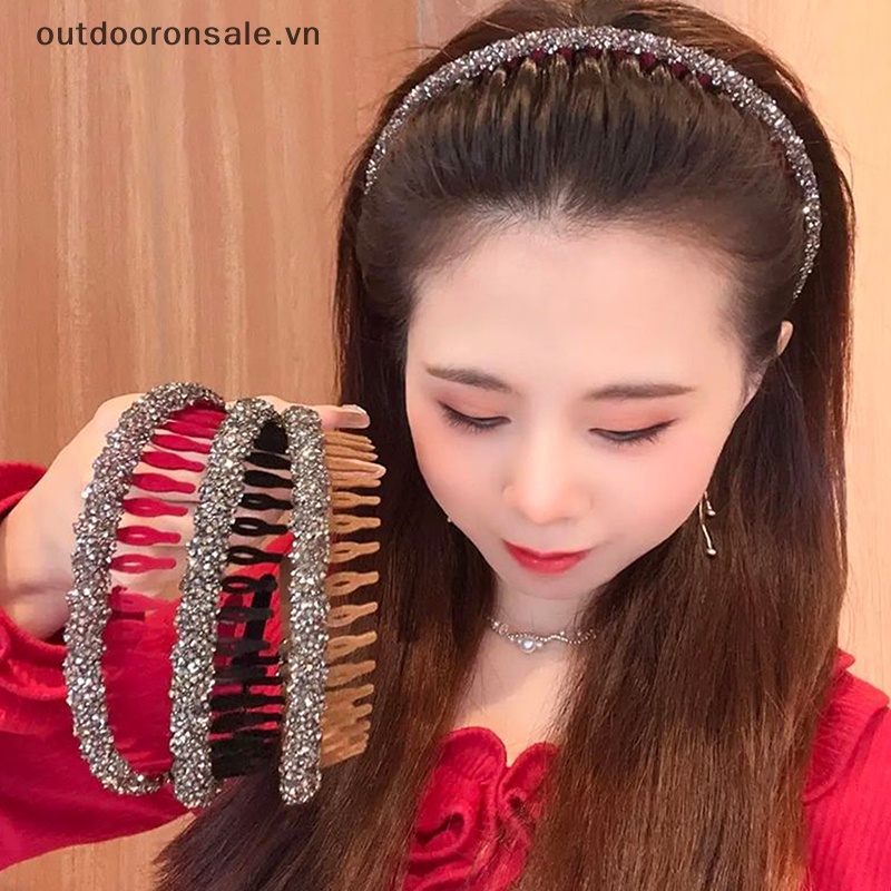 Băng Đô Cài Tóc Màu Trơn Đính Đá Có Răng Chống Trượt Thời Trang Cho Nữ