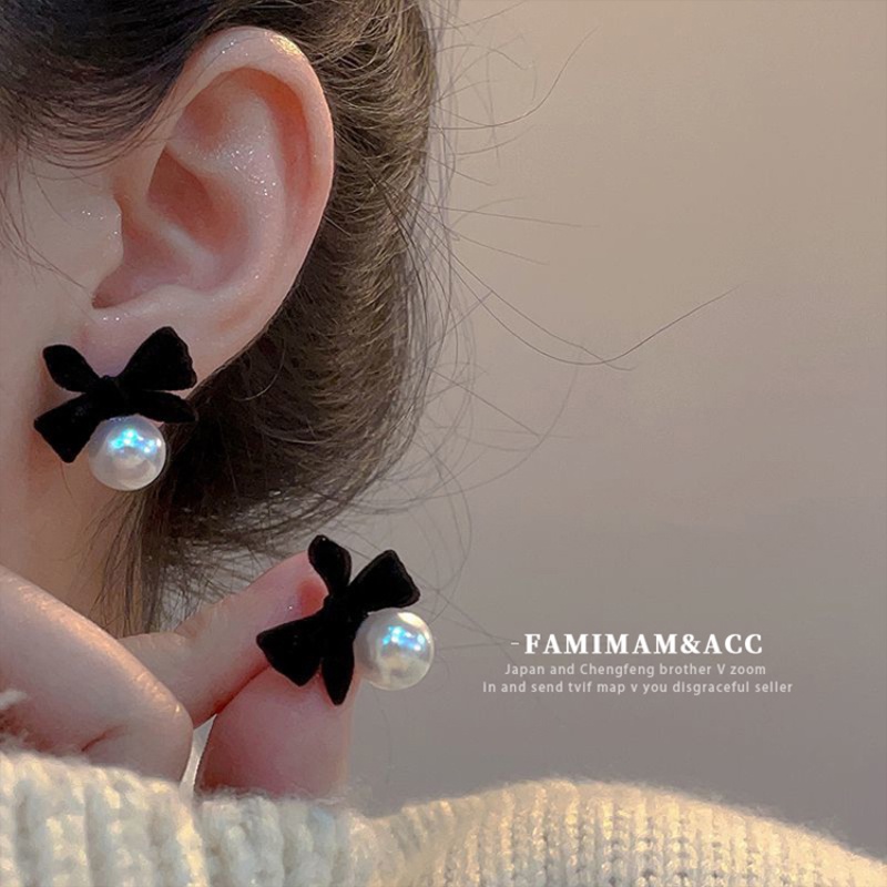 Thời Trang Khuyên Tai Nơ Nhung Đính Hạt Giả Ngọc Trai Phong Cách Hàn Quốc