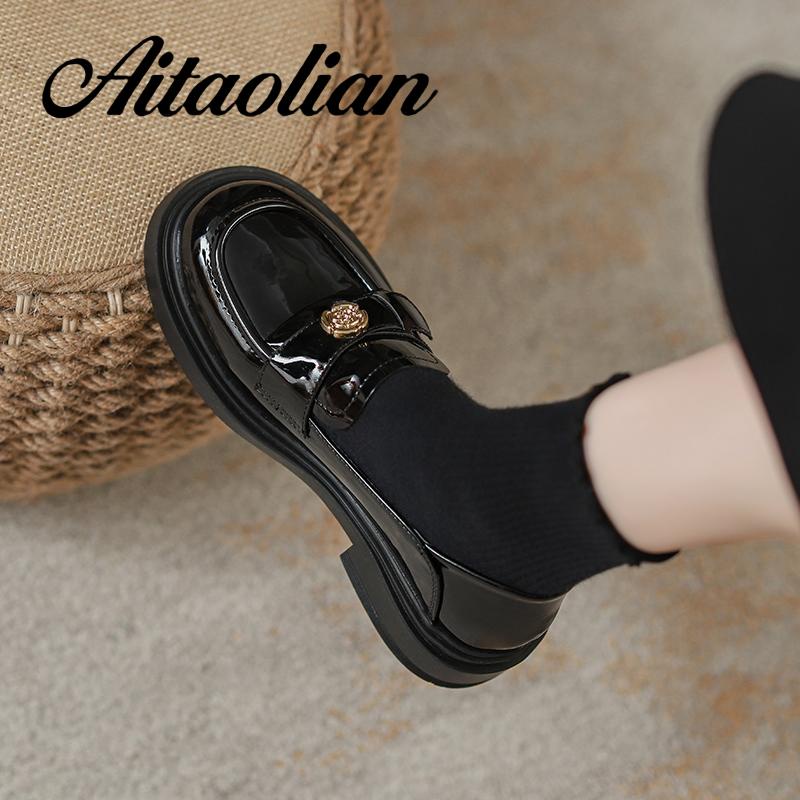 Giày Cao Gót 3.5cm Chất Liệu Da Đế Bằng Mũi Tròn Phong Cách mary jane retro Cho Nữ