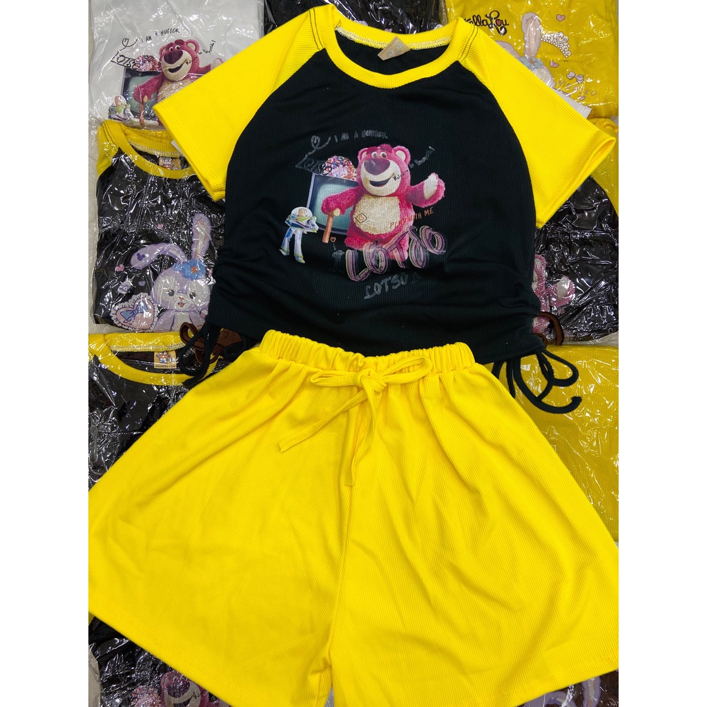 Set áo dây rút 2 bên họa tiết hoạt hình + quần đùi vải thun gân tăm cho bé gái đi chơi, đi học